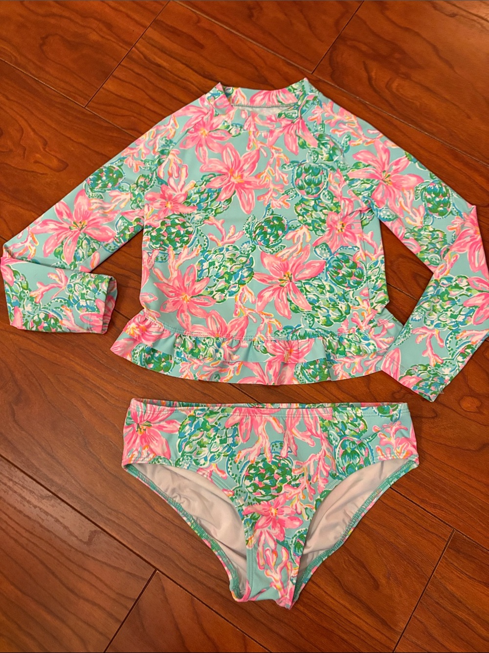 Lilly Pulitzer Pink & Aqua Floral Ruffle Rash Guard Set